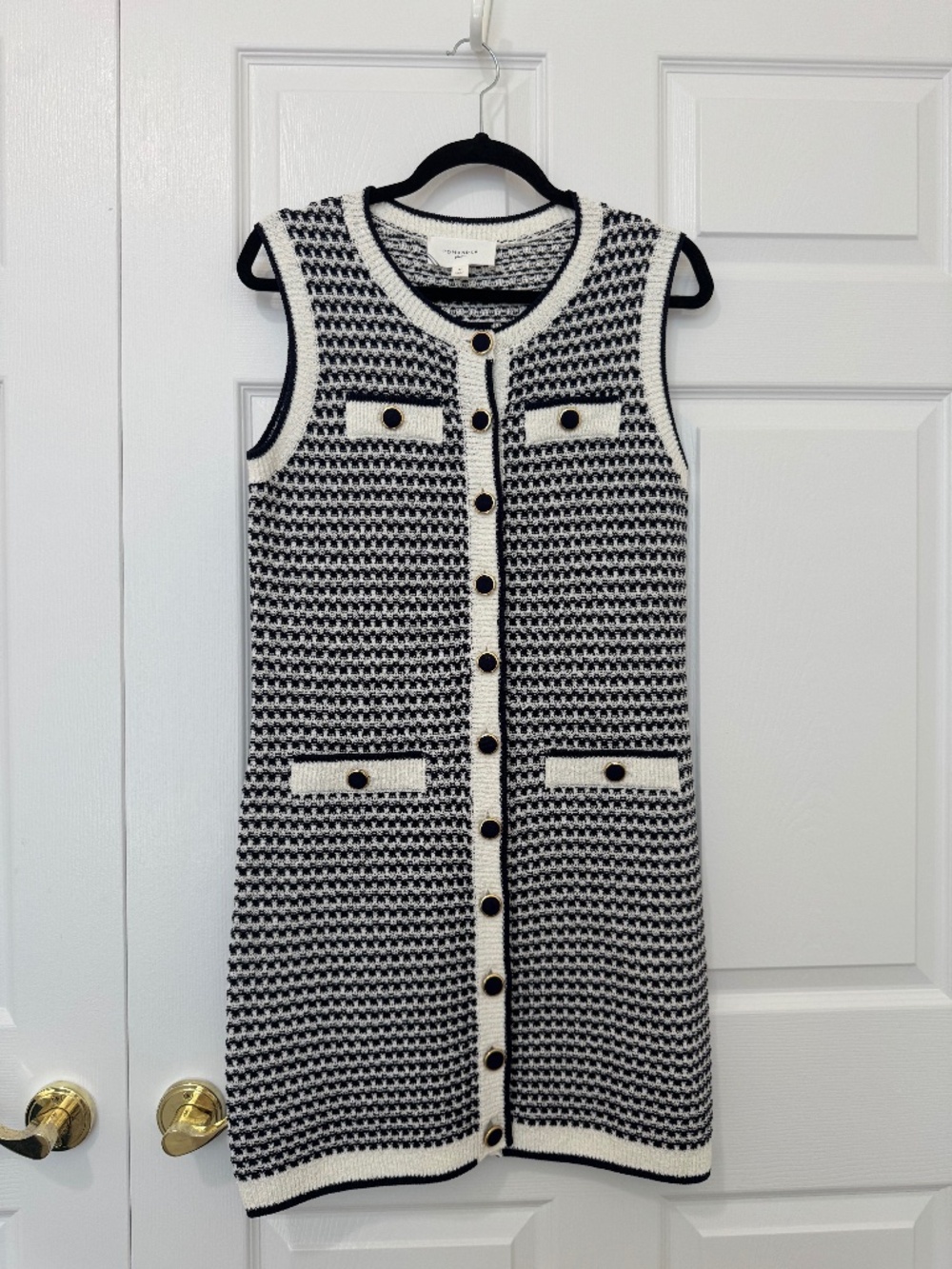 Pomander Place Navy Ivory Knit Sweater Dress Gold Button Sleeveless Size M